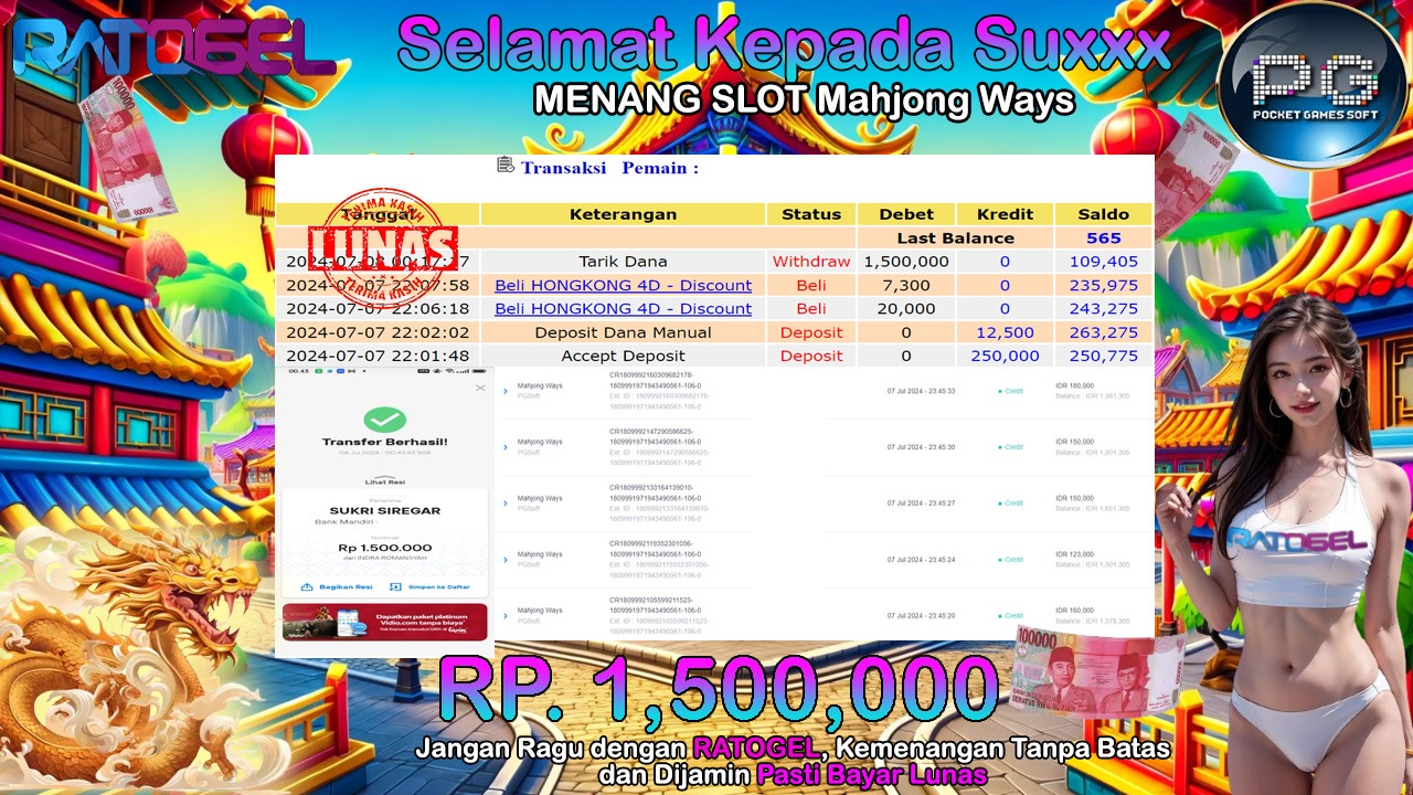 BUKTI JACKPOT SLOT MAHJONG WAYS TERPERCAYA DI INDONESIA TGL 08-07-2024