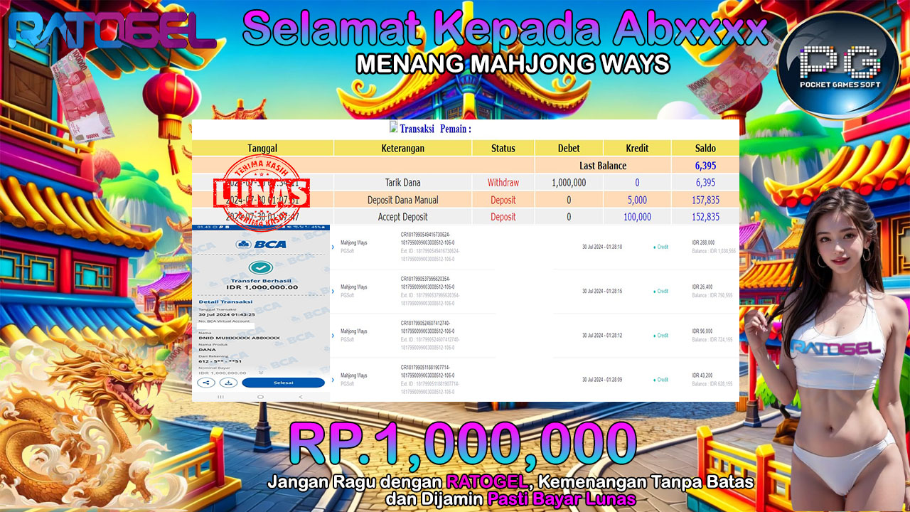 BUKTI JACKPOT SLOT MAHJONG WAYS TERPERCAYA DI INDONESIA TGL 30-07-2024