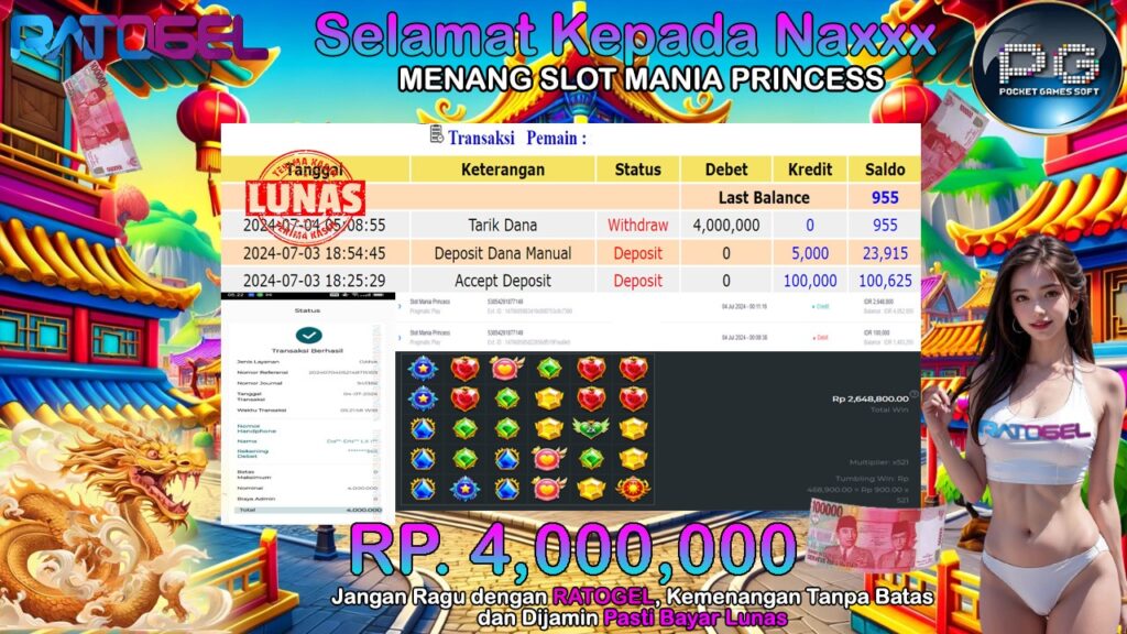 BUKTI JACKPOT SLOT MANIA PRINCESS TERPERCAYA DI INDONESIA TGL 04-07-2024