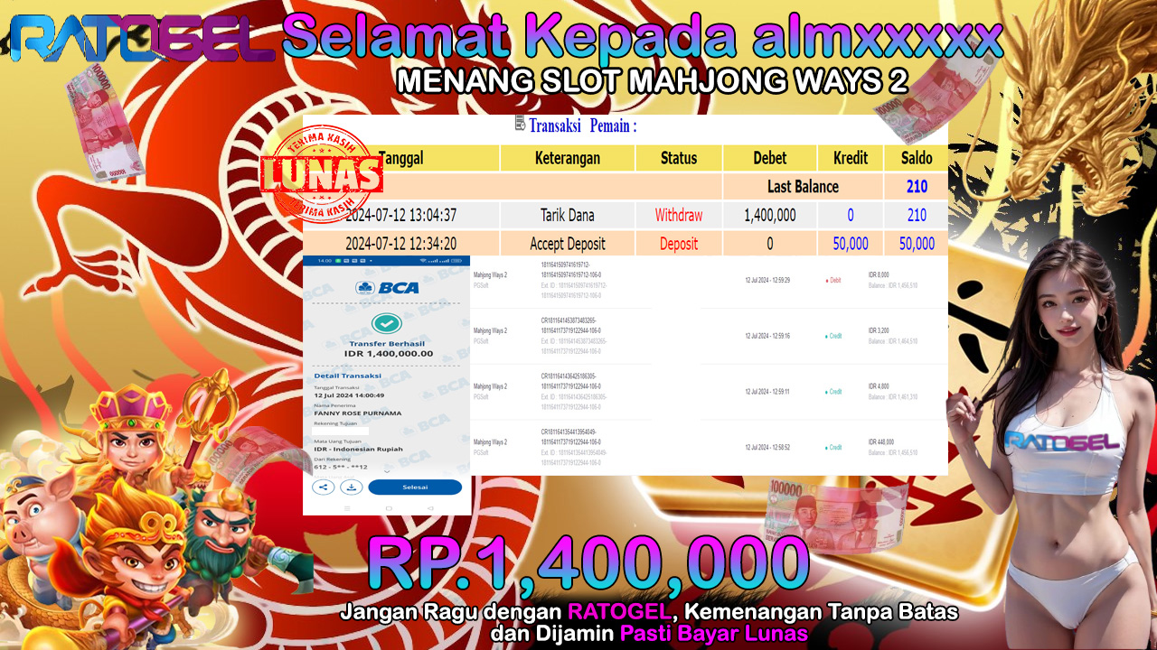 BUKTI JACKPOT SLOT MAHJONG WAYS 2 TERPERCAYA DI INDONESIA TGL 12-07-2024