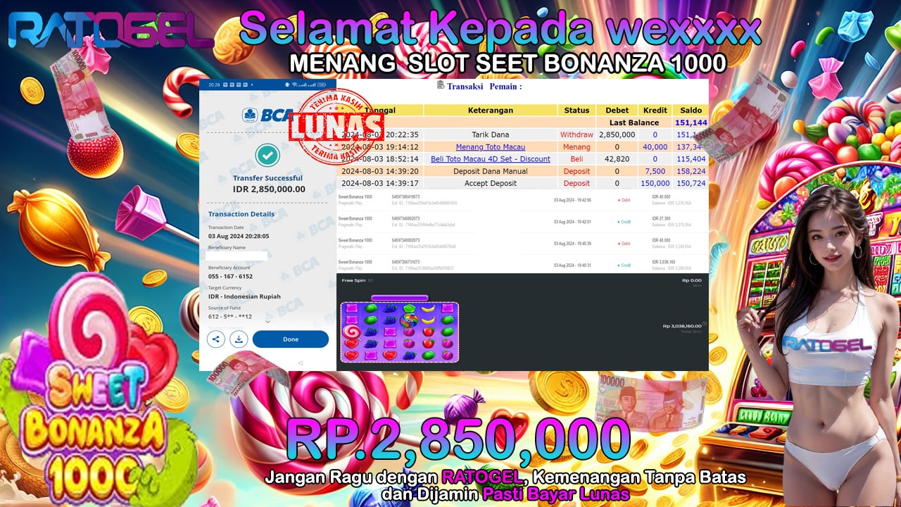 BUKTI JACKPOT SLOT SWEET BONANZA 1000 TERPERCAYA DI INDONESIA TGL 03-08-2024