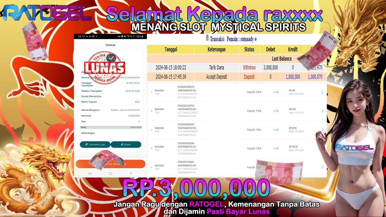 BUKTI JACKPOT SLOT MYSTICAL SPIRITS TERPERCAYA DI INDONESIA TGL 15-08-2024