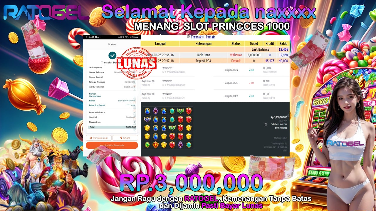 BUKTI JACKPOT SLOT STARLIGHT PRINCESS 1000 TERPERCAYA DI INDONESIA TGL 26-08-2024