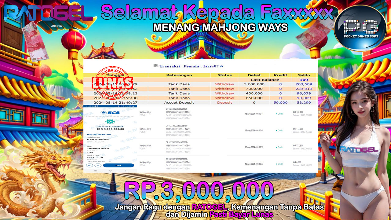 BUKTI JACKPOT SLOT MAHJONG WAYS  TERPERCAYA DI INDONESIA TGL 15-08-2024