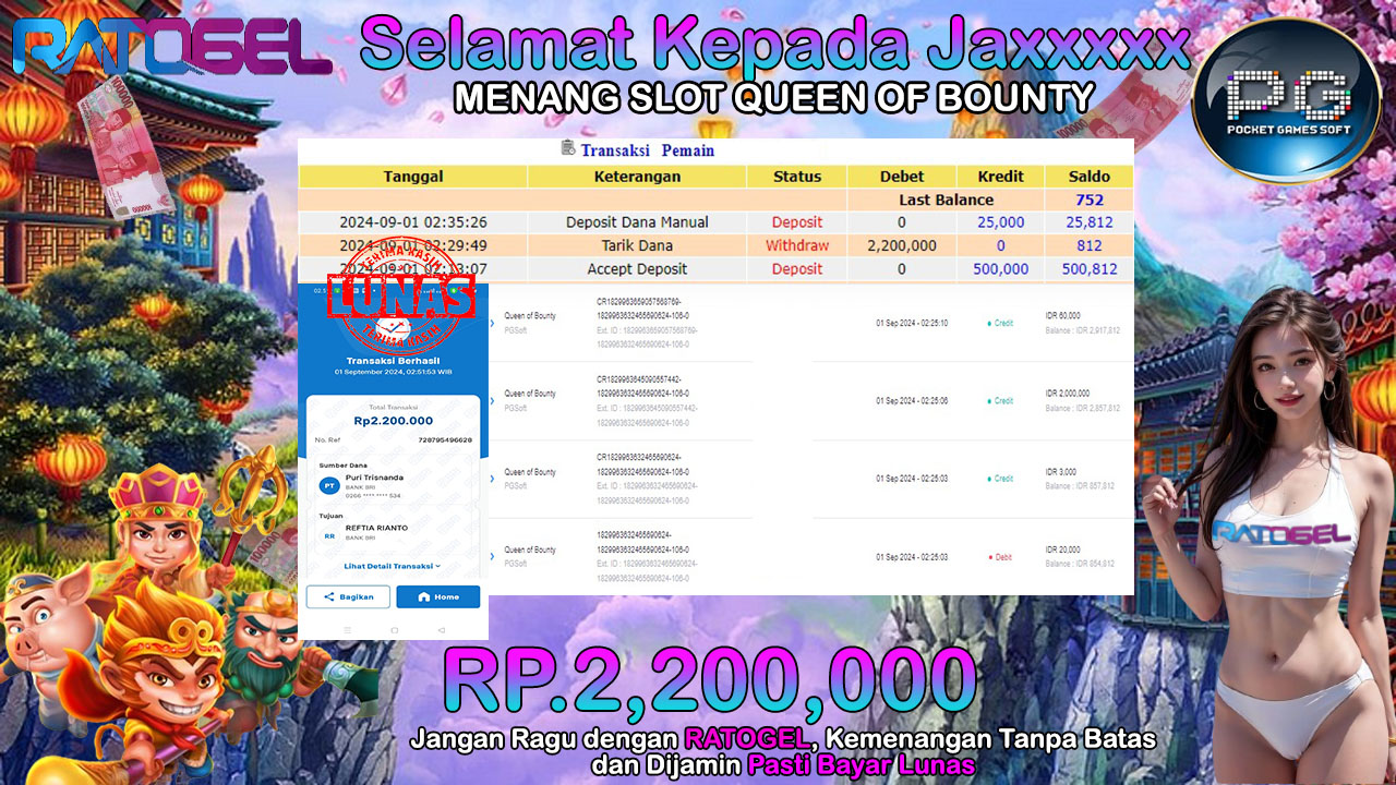 BUKTI JACKPOT SLOT QUEEN OF BOUNTY  TERPERCAYA DI INDONESIA TGL 01-09-2024