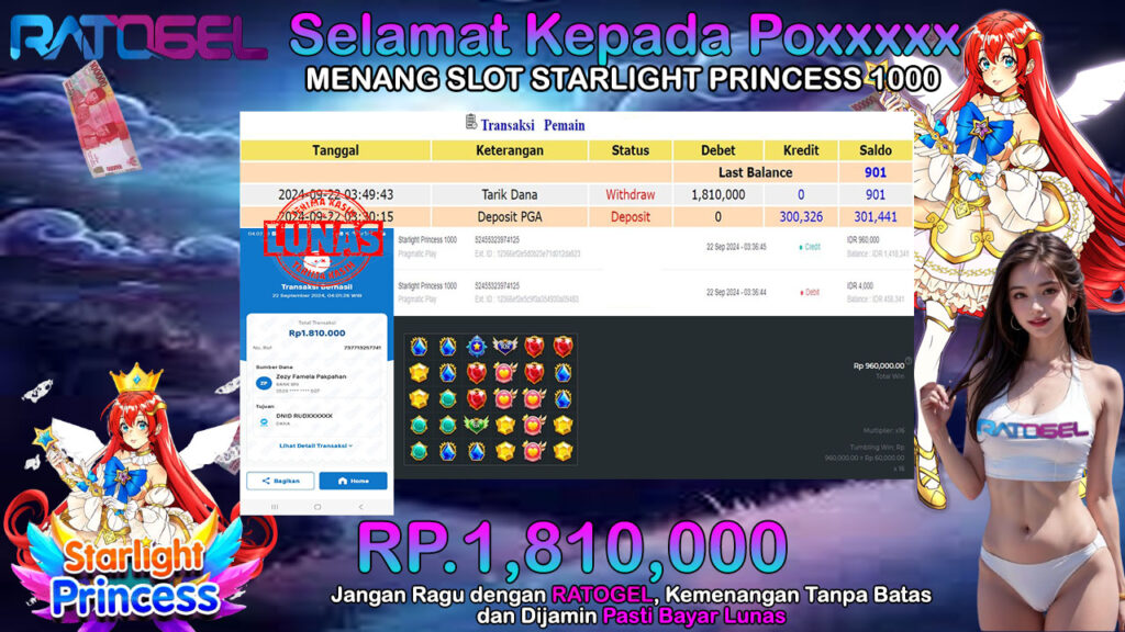 BUKTI JACKPOT SLOT STARLIGHT PRINCESS 1000 TERPERCAYA DI INDONESIA TGL 22-09-2024