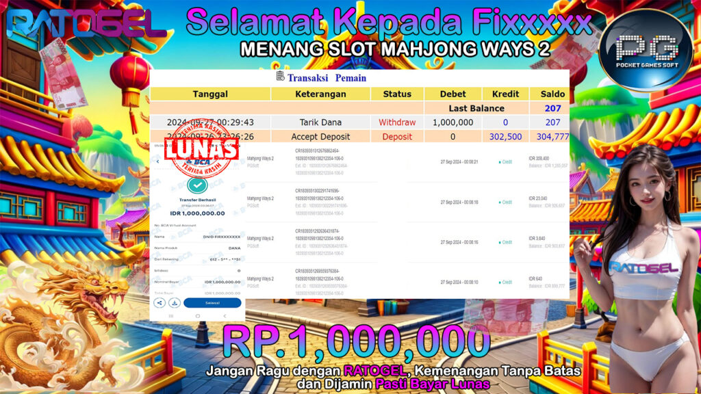 BUKTI JACKPOT SLOT MAHJONG WAYS 2 TERPERCAYA DI INDONESIA TGL 27-09-2024