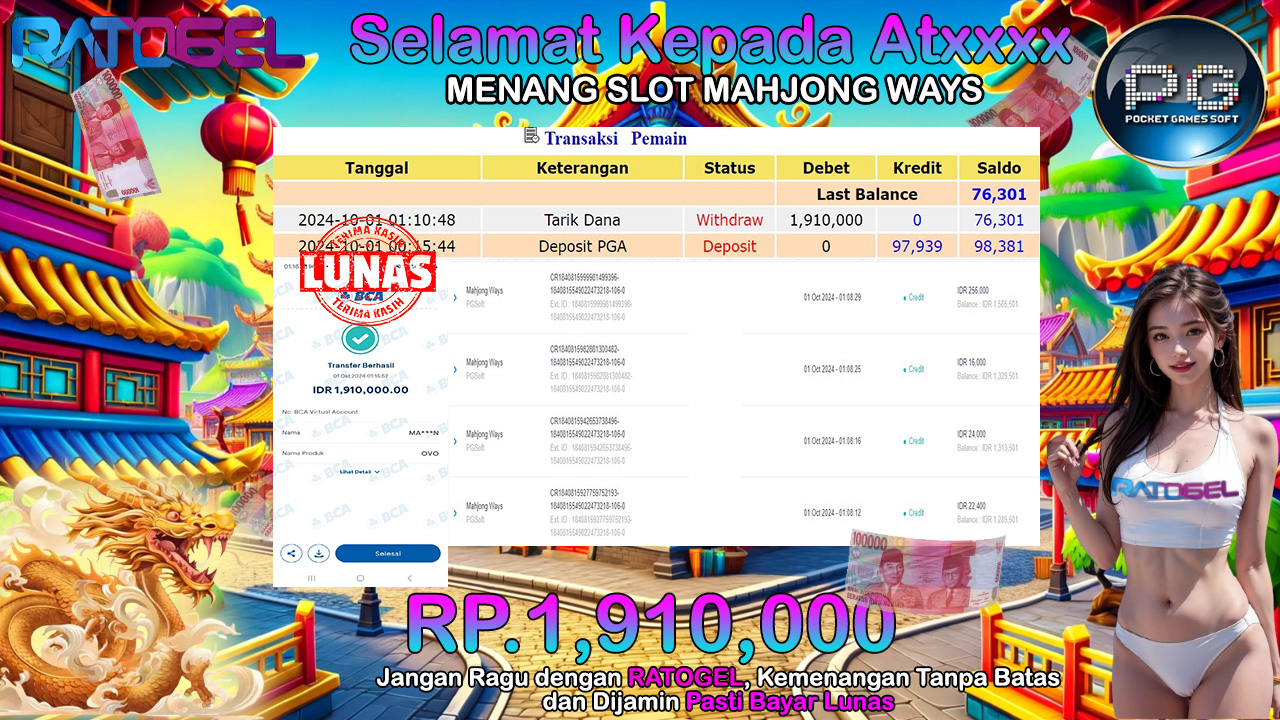 BUKTI JACKPOT SLOT MAHJONG WAYS TERPERCAYA DI INDONESIA TGL 01-10-202