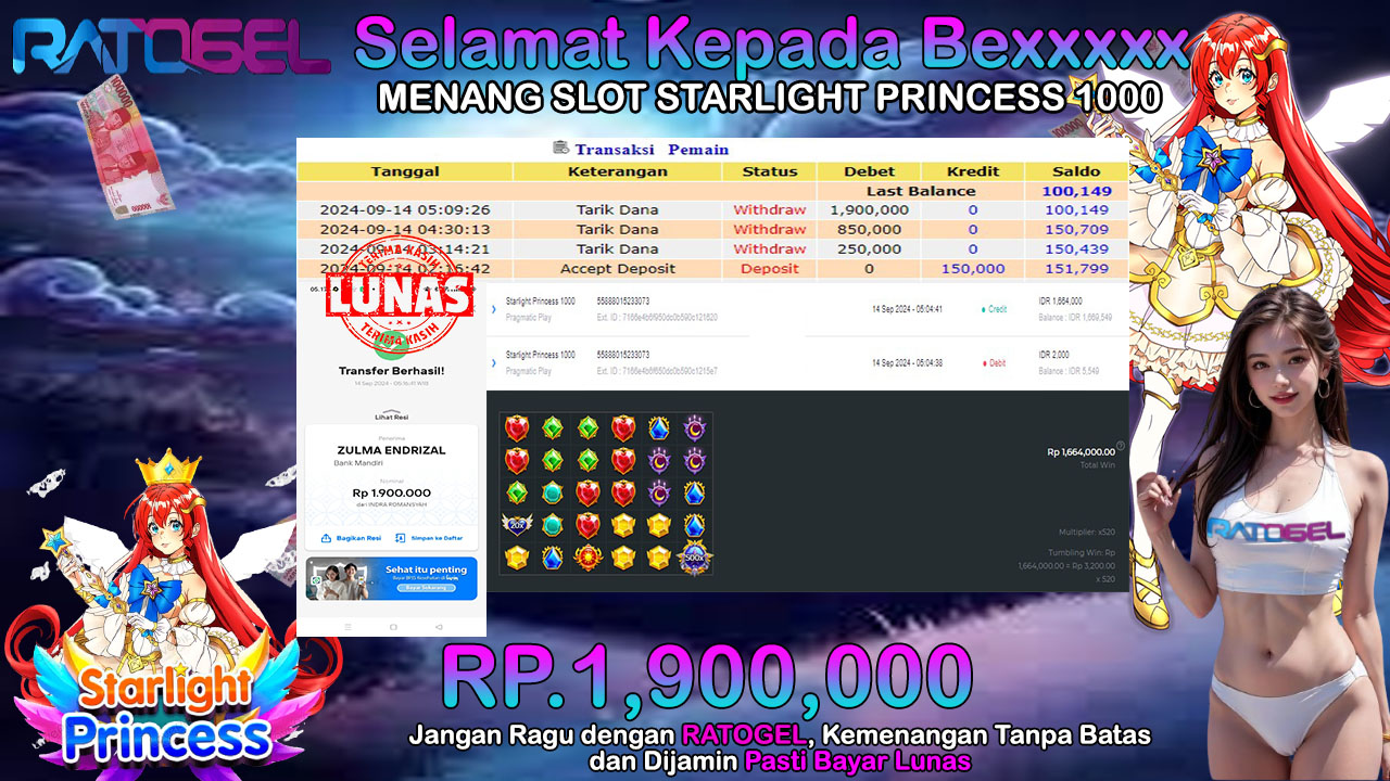 BUKTI JACKPOT SLOT STARLIGHT PRINCESS 1000 TERPERCAYA DI INDONESIA TGL 14-09-2024