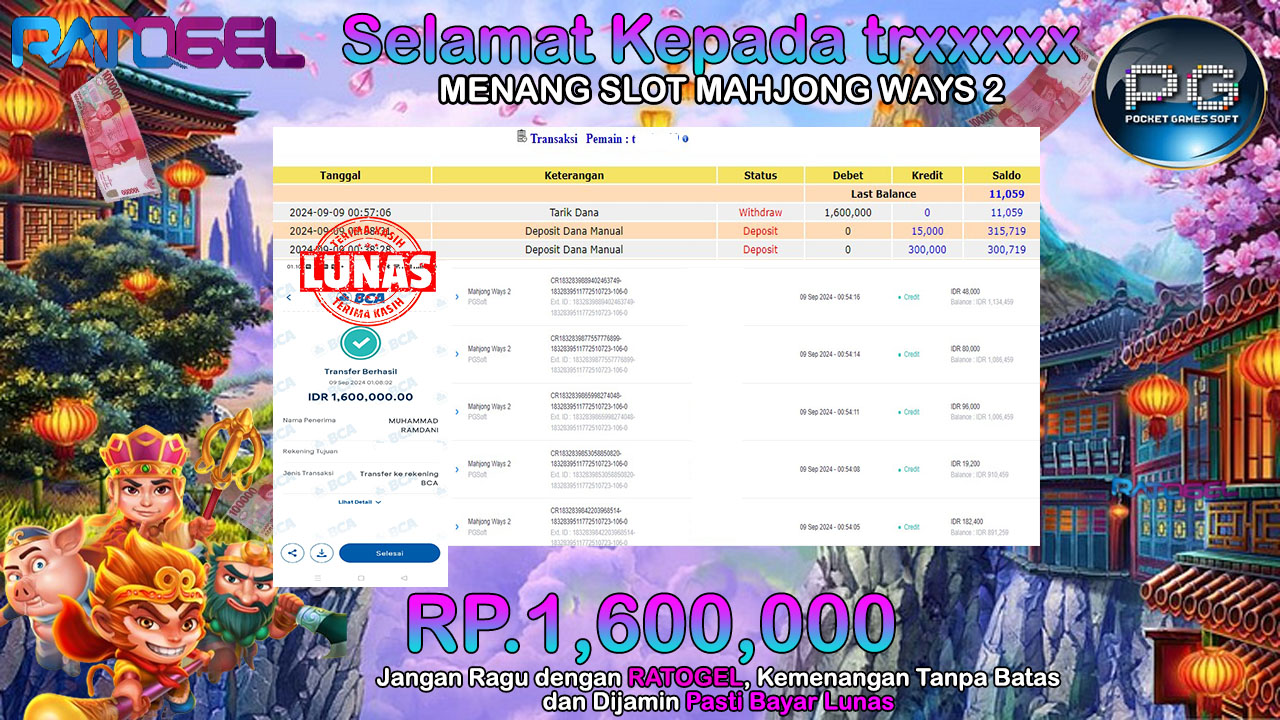 BUKTI JACKPOT SLOT MAHJONG WAYS 2 TERPERCAYA DI INDONESIA TGL 09-09-2024