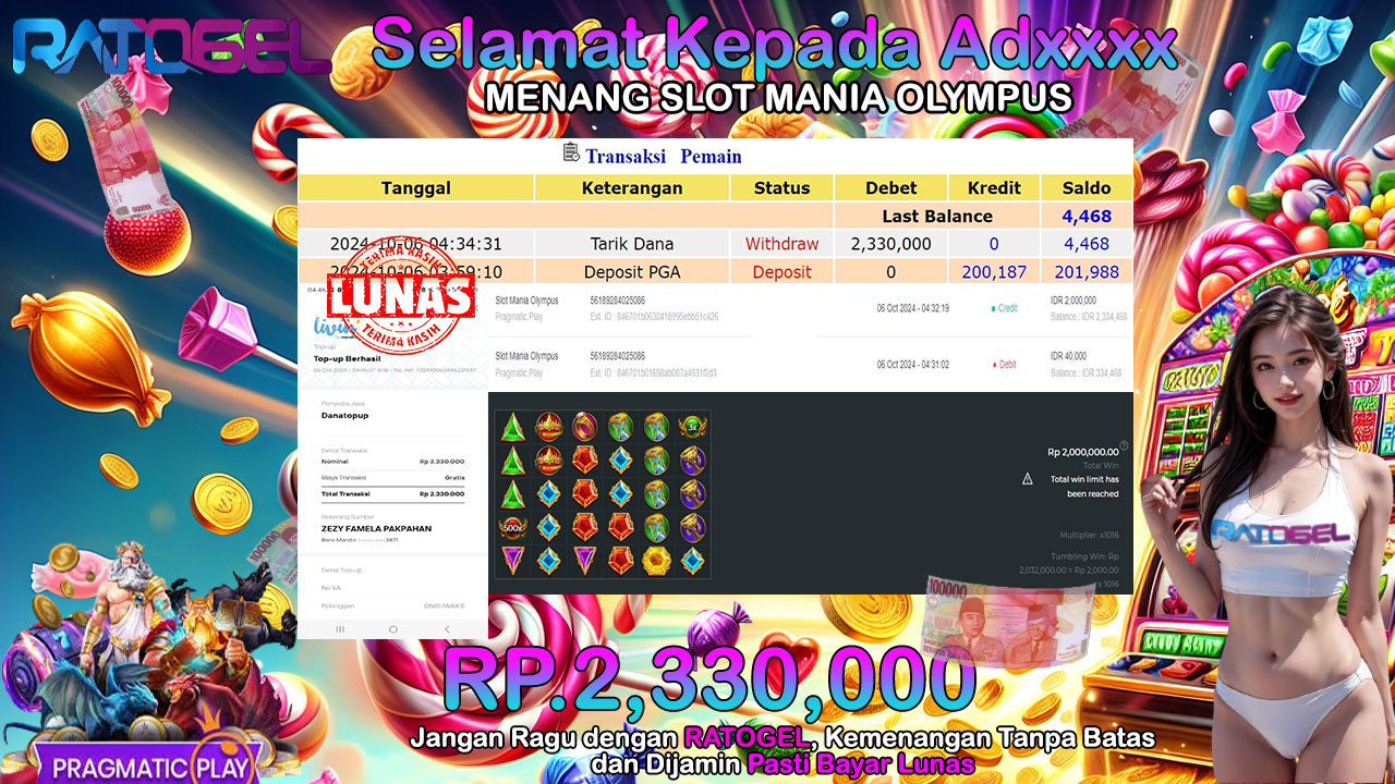 BUKTI JACKPOT SLOT MANIA OLYMPUS TERPERCAYA DI INDONESIA TGL 06-10-2024